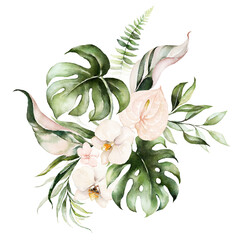 Watercolor tropical floral bouquet - green leaves and blush flower. For wedding stationary, greetings, wallpapers, fashion, background. - 358069712