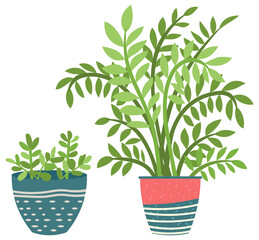 Flowers in vases, floral decor for home flat style flourishing on branches, plant with frondage, tender and elegant design, container interior. Isolated flowerpot with blooming plant . Vector in flat