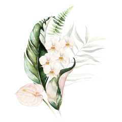 Watercolor tropical floral bouquet - green leaves and blush flower. For wedding stationary, greetings, wallpapers, fashion, background.