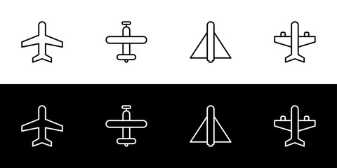 Plane icon set. Flat design icon collection isolated on black and white background.
