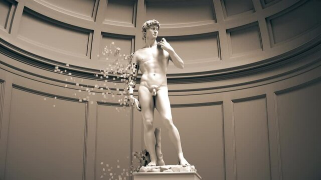 Digital Disintegration Of Sculpture David. 4K. 3840x2160. 3D Animation.