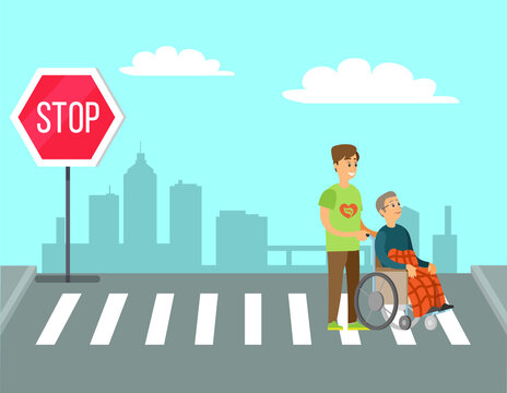 Volunteer Person Helps To Old Woman, Charity Volunteering. Vector Man Helping Granny In Wheelchair Unable To Walk To Cross Street On Crosswalk Or Pedestrian Crossing