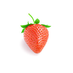 Front view of a red ripe perfect juicy fresh strawberry with green leaves and a twig isolated on a white background with clipping path.