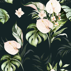 Green tropical leaves and blush flowers on dark background. Watercolor hand painted seamless pattern. Floral tropic illustration. Jungle foliage.