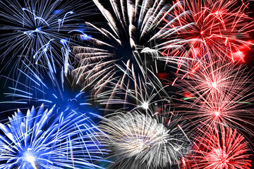 Blue white and red fireworks panoramic background,  2024 american presidential election, US 4th of...