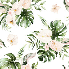 Green tropical leaves and blush flowers on white background. Watercolor hand painted seamless pattern. Floral tropic illustration. Jungle foliage. - 358070977