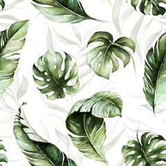 Fototapety  Zielone liście tropikalne na białym tle. Akwarela ręcznie malowany wzór. Ilustracja kwiatowy zwrotnik. Liście dżungli.