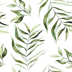 Naklejka na ściany i meble Green tropical leaves on white background. Watercolor hand painted seamless pattern. Floral tropic illustration. Jungle foliage.