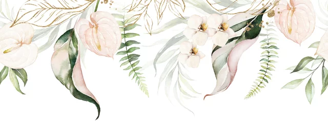 Rolgordijnen Green tropical leaves and blush flowers on white background. Watercolor hand painted seamless border. Floral tropic illustration. Jungle foliage pattern. © Veris Studio