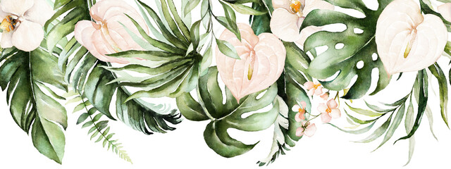 Materiał do szycia Green tropical leaves and blush flowers on white background. Watercolor hand painted seamless border. Floral tropic illustration. Jungle foliage pattern.