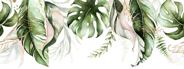 Cotton fabric Green and blush tropical leaves on white background. Watercolor hand painted seamless border. Floral tropic illustration. Jungle foliage pattern.