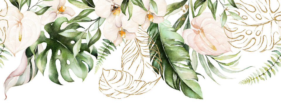 Green tropical leaves and blush flowers on white background. Watercolor hand painted seamless border. Floral tropic illustration. Jungle foliage pattern.