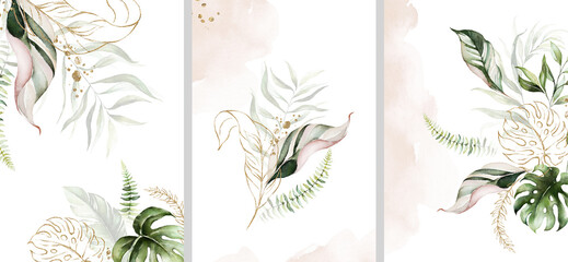 Watercolor tropical floral templates set - bouquet, frame, border. Green gold leaves. For wedding stationary, greetings, wallpapers, fashion, background.