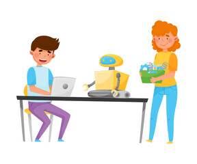 Boy and Girl Teenagers Engineering and Configurating Robot Vector Illustration