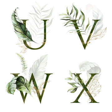 Tropical Green Gold Floral Alphabet Set - letters U, V, W, X with green gold leaves. Collection for wedding invites decoration, birthdays & other concept ideas.
