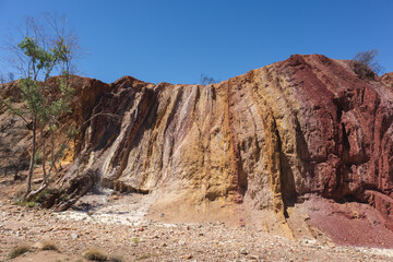 Australian as raw material for paintings and ceremonial body decoration. Vertical cuts. Ochre Pits, MacDonnell ranges, Northern Territory NT, Australia, Oceania