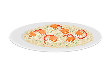 Cubes of Salmon Fish with Rice and Bell Pepper Slices Served on Plate Vector Illustration