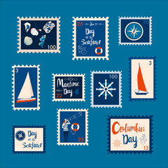 Set of marine theme stamps. Day of the Seafarer, Columbus day, Maritime day vector illustration. Sailor,suspension pipe,sailing yacht, compass,anchor,lifebuoy and nautical knots with lettering in flat