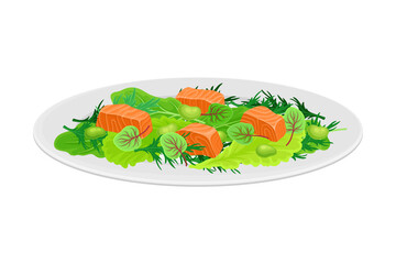 Salmon Pieces Served with Green Vegetables on Plate Vector Illustration