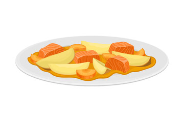 Salmon Pieces with Vegetable Gravy Served on Plate Vector Illustration