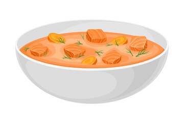 Thick Soup with Salmon and Carrot Poured in Bowl Vector Illustration