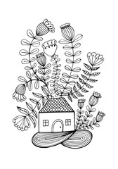 Small house surrounded by flowers. Hand drawn doodle illustration. Relaxing art therapy. Simple floral elements isolated on white background