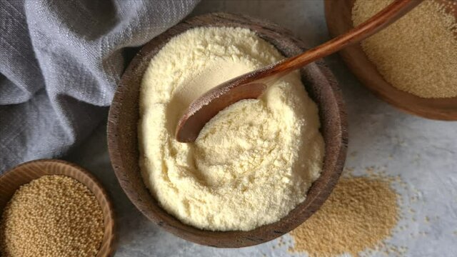 Raw Amaranth flour in a bowl close up