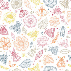 Vector Seamless Pattern with Night Butterflies and Plants. Vintage Floral Background. Hand Drawn Moths, Flowers, Leaves, Sprigs, Seeds