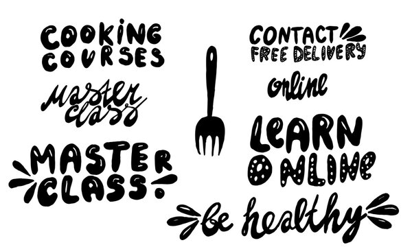 Handwritten vector typography for online cooking master class. Isolated lettering text. Hand drawn illustration. Collection of monochrome typographic inscriptions. Banner, poster template