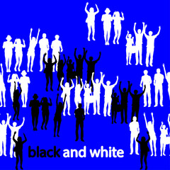 Text Black and white, seamless pattern with silhouettes of black and white people on a blue background, vector illustration