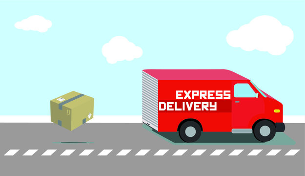 illustration of a delivery truck with boxes , express , road and blue skyes with clouds , vectorial 
