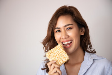 smiling woman with delicious instant noodle