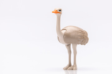close up of an ostrich head made from a plastic toy isolated on a white background