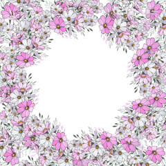 Obraz na płótnie Canvas Floral frame with light pink and white cosmos flowers on white background. Copy space. Design for your wedding, birthday, saving the date card. For greeting card decoration. Vector illustration. 