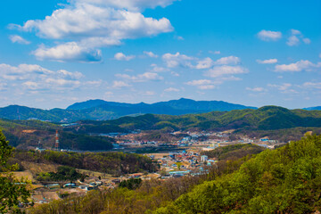 Fototapeta premium Spring time landscape scenery of rural Pocheon, South Korea. Photo taken from Pocheon Art Valley. 