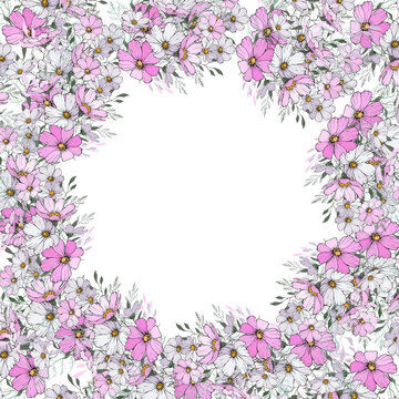 Floral frame with light pink and white cosmos flowers on white background. Copy space. Design for your wedding, birthday, saving the date card. For greeting card decoration. Vector illustration. © Irina