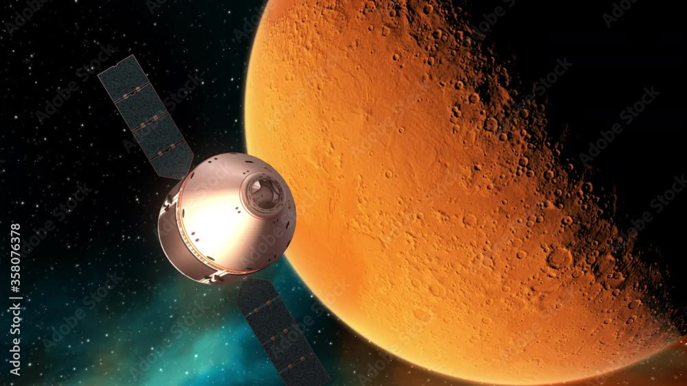 Wall mural capsule of interplanetary space station orbiting planet mars. 3d animation. 4k. 3840x2160.