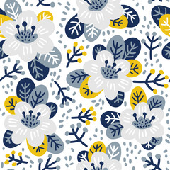 Seamless floral pattern. Fabric design with simple flowers. Vector cute repeated pattern for fabric, wallpaper or wrap paper