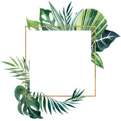 Fototapeta na wymiar Tropical leaves watercolor golden geometric frame with copy space. Square border for wedding invitations, cards, save the date cards, birthday cards. Hand drawn illustration with jungle foliage.