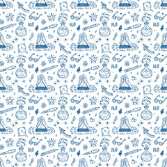 Endless Background with Education and science items. Hand Drawn Doodle Lab Chemistry flasks with bubbles and steam of chemical reaction - Vector Seamless Pattern