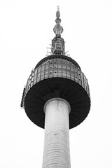 Black and white photo of Namsan Tower on white. 