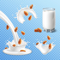 Almond milk set on transparent background