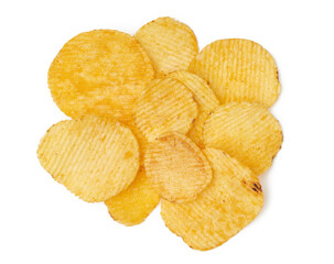heap of corrugated round yellow fried potato chips isolated on white background