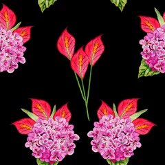 Dekokissen Trendy seamless floral pattern on a black background, from hydrangea and spathiphyllum flowers. Watercolor hand draw illustration. © Stella