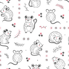 Summer Floral Background with Cute Mouse or Rats. Hand Drawn Cartoon Doodle Little Mice with Flowers and Leaves Seamless Pattern