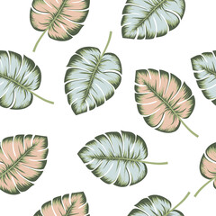 Tropical  seamless pattern white background. Exotic jungle wallpaper. Floral pink and blue monstera  leaves. 
Fashion, interior, wrapping, packaging suitable.