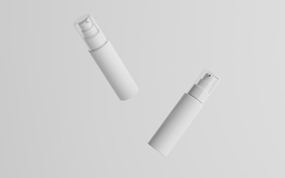50ml White Plastic Spray Bottle Mockup - Two Floating Bottles. 3D Illustration