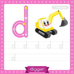 Letter D lowercase tracing practice worksheet. Digger