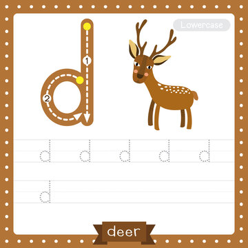 Letter D lowercase tracing practice worksheet. Deer