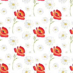 Seamless pattern of watercolor daisy flowers and poppies on a white background. Use for design invitations, birthdays, wedding
